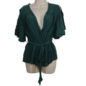 Shein Curve Women Size OXL 12 Green Faux Wrap Top Low V-neck Tie Belt Short Slv